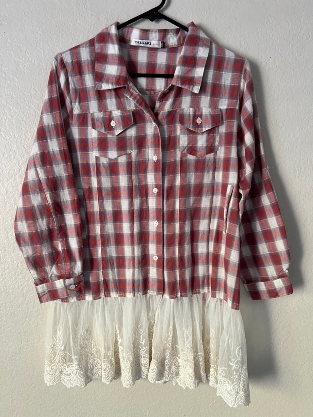 Like New! Origami Red Plaid Button-Up Shirt with Cream Lace Hem in Size S/M